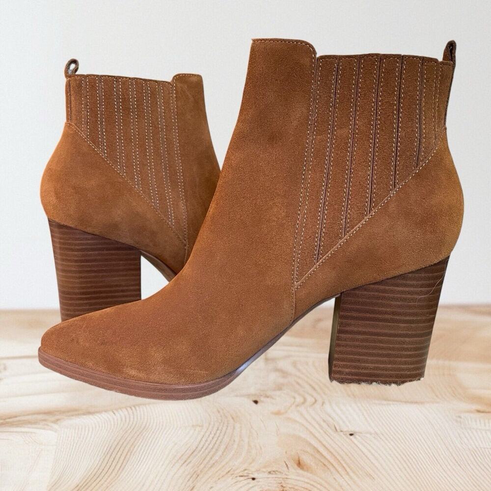 Marc Fisher Alva Booties NEW Suede Leather Womens Size 10 M Cognac Stacked Heel
